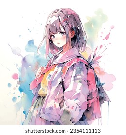 Cartoon anime fashion girl watercolor for lifestyle design.