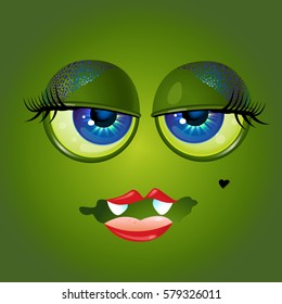 Cartoon anime female monster face with red lips and blue eyes. Vector Illustration