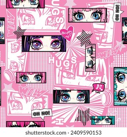 Cartoon Anime girl eyes seamless pattern on comics pink background for wallpaper, clothes, wrapping paper, girls textile. Big eyes anime girl ornament. Kawaii women print