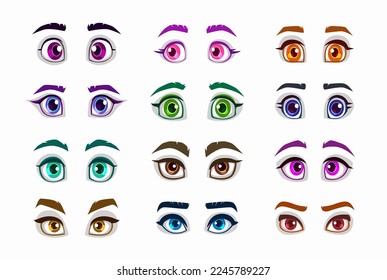 La caricatura anima a las chicas con ojos y cejas puestas. ojo vectorial de ceja, elementos faciales, aislados en blanco.