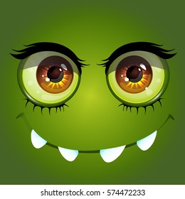 Cartoon anime monster with big toothy smile and long eyelashes Vector Illustration