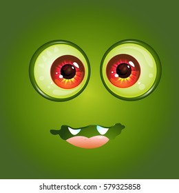 Cartoon anime monster face with tongue and two teeth. Vector Illustration