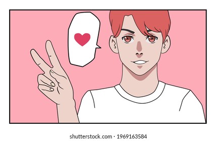 Cartoon anime style illustration of k-pop idol or popular guy. Comic book page with male personage.