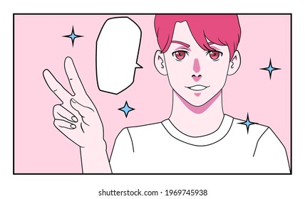 Cartoon anime style illustration of k-pop idol or popular guy. Comic book page with male personage.