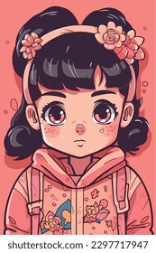 Cartoon Anime style kawaii cute little girl, Isolated background, vector illustration