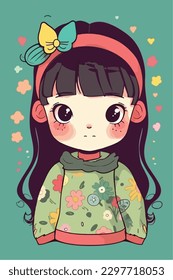 Cartoon Anime style kawaii cute little girl, Isolated background, vector illustration