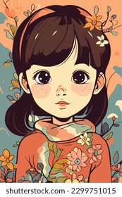Cartoon Anime style kawaii cute little girl, Isolated background, vector illustration