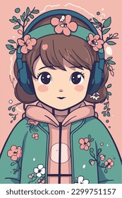 Cartoon Anime style kawaii cute little girl, Isolated background, vector illustration
