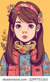 Cartoon Anime style kawaii cute little girl, Isolated background, vector illustration