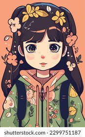 Cartoon Anime style kawaii cute little girl, Isolated background, vector illustration