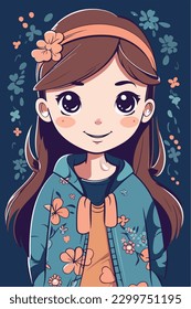 Cartoon Anime style kawaii cute little girl, Isolated background, vector illustration