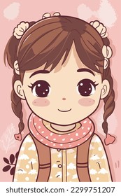Cartoon Anime style kawaii cute little girl, Isolated background, vector illustration