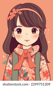 Cartoon Anime style kawaii cute little girl, Isolated background, vector illustration
