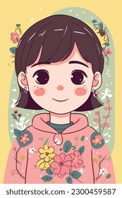 Cartoon Anime style kawaii cute little girl, Isolated background, vector illustration