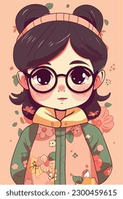Cartoon Anime style kawaii cute little girl, Isolated background, vector illustration