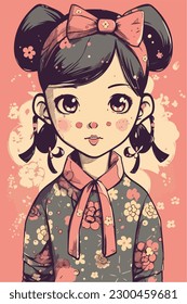 Cartoon Anime style kawaii cute little girl, Isolated background, vector illustration