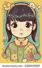 Cartoon Anime style kawaii cute little girl, Isolated background, vector illustration