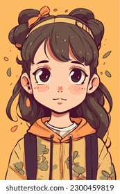 Cartoon Anime style kawaii cute little girl, Isolated background, vector illustration