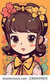 Cartoon Anime style kawaii cute little girl, Isolated background, vector illustration