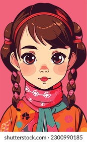 Cartoon Anime style kawaii cute little girl, Isolated background, vector illustration