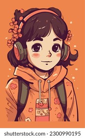 Cartoon Anime style kawaii cute little girl, Isolated background, vector illustration