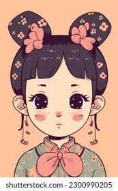 Cartoon Anime style kawaii cute little girl, Isolated background, vector illustration