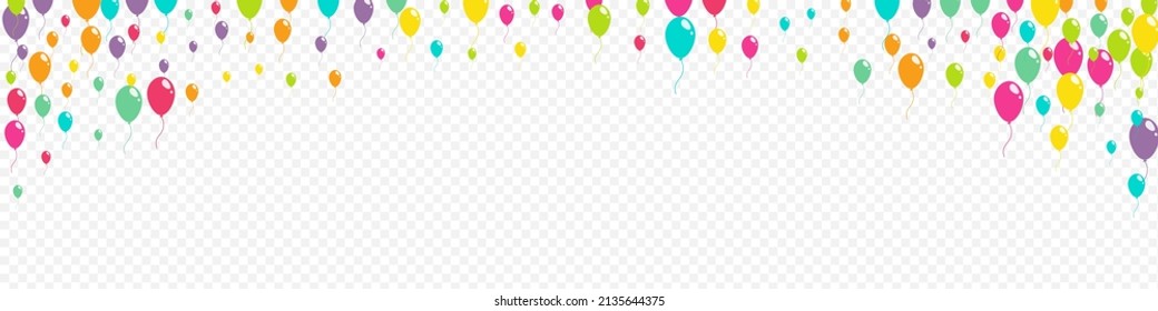 Cartoon Anniversary Inflatable Ball Vector Panoramic Transparent Background. Jubilee Balloon Frame. Bright Celebrate Texture. Multicolor Holiday Ballon Illustration.