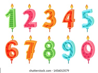 Cartoon anniversary numbers candle. Celebration cake candles burning lights, birthday number and party candle. Birth celebrate cakes decoration wax candles. Isolated vector icons set