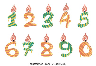 Cartoon anniversary numbers candle.  Hand drawn vector illustration