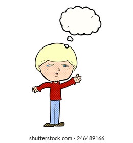 caricatura de un chico molesto con burbuja de pensamiento