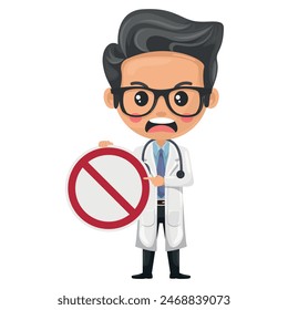 Cartoon of Annoyed Doctor holding a Forbidden Sign. Health and medicine concept. Health professional to perform a medical examination on a patient. Research, science and technology in health