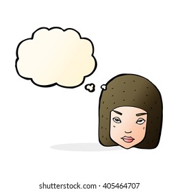 cartoon annoyed female face with thought bubble