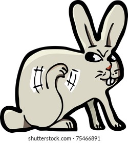 Cartoon of an annoyed gray rabbit scratching himself