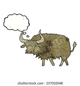 cartoon annoyed hairy cow with thought bubble