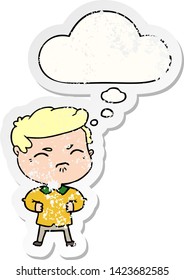 caricatura de un hombre molesto con burbuja de pensamiento como pegatina gastada angustiada