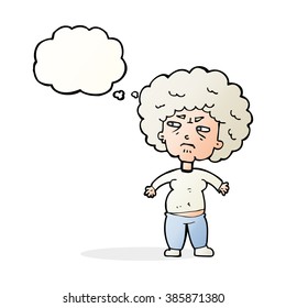 cartoon annoyed old woman with thought bubble