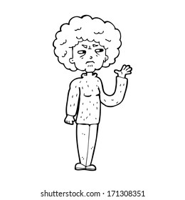 cartoon annoyed old woman waving