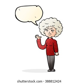 cartoon annoyed old woman waving with speech bubble