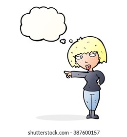 cartoon annoyed woman pointing with thought bubble