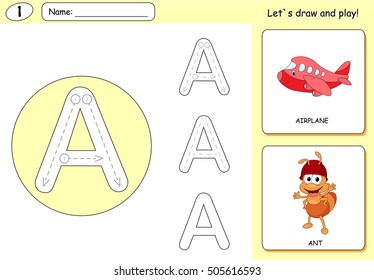 Cartoon ant and aircraft. Alphabet tracing worksheet: writing A-Z, coloring book and educational game for kids svg