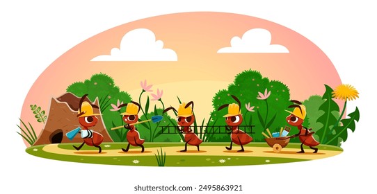 Cartoon ant builders characters near anthill. Team of ants wearing yellow construction helmets carrying building tools like shovels, ladders, and wheelbarrows in a summer garden, emphasizing teamwork