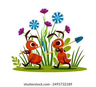 Cartoon ant builders with shovels. Vector children story scene with two playful ant characters with expressive faces, carrying spades for working together in a garden filled with flowers