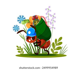 Cartoon ant carries insects. Vector scene with funny hardworking ant wearing a blue cap carrying a leaf bundle filled with various insects at vibrant summer garden with flowers and greenery