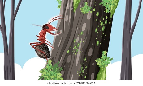 A cartoon ant carrying fungi walks on a tree against a sky background