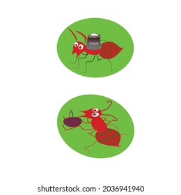 cartoon, ant carrying sugar and cherries on green background, vector