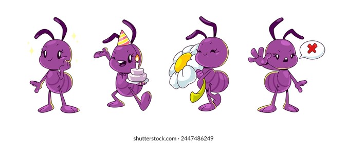 Caricatura de hormiga personaje aislado Vector. Lindo y divertido insecto Clipart. Bicho morado sosteniendo la torta, celebrar el cumpleaños y sonreír. Mascota de termita infantil caminando con flor de manzanilla y mostrar gesto de alto