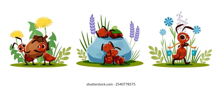 Cartoon ant characters, cute insect colony vector personages set. Funny brown ant characters sleeping on anthill, happy insect family carrying food and water to anthill, wild flowers and green grass