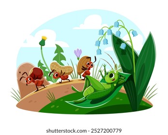 Personajes de hormigas de dibujos animados con nueces y saltamontes perezosos acostados en la hoja, historia de niños de Vector. Trabajadores de las hormigas que llevan las nueces y que miran el grillo perezoso que descansa en la hoja de las flores para la ilustración de la historieta de los niños