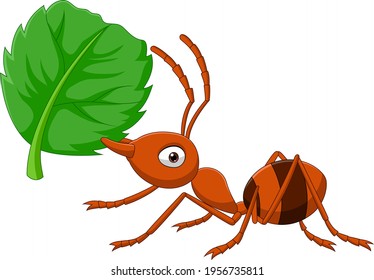 Cartoon ant with green leaf