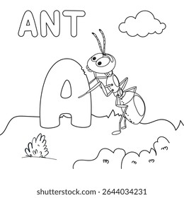 Formiga de desenhos animados com letra uma página colorida para crianças